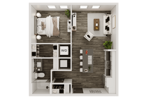 Floor plan for 1 bed, 1 bath, 664 sqft